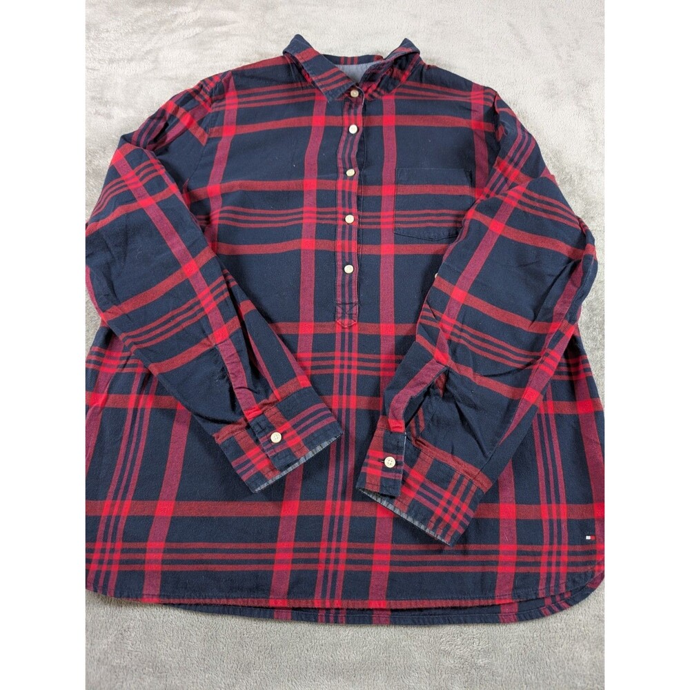 Tommy Hilfiger Top Womens L Red Blue Plaid Roll Tab Sleeve Cotton Preppy Shirt - Picture 4 of 11
